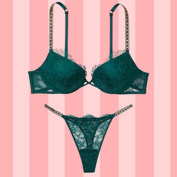 NWT Victoria Secret Green Ivy Lace Bombshell Bra and Thong Set w/Gold Accents - Picture 1 of 14